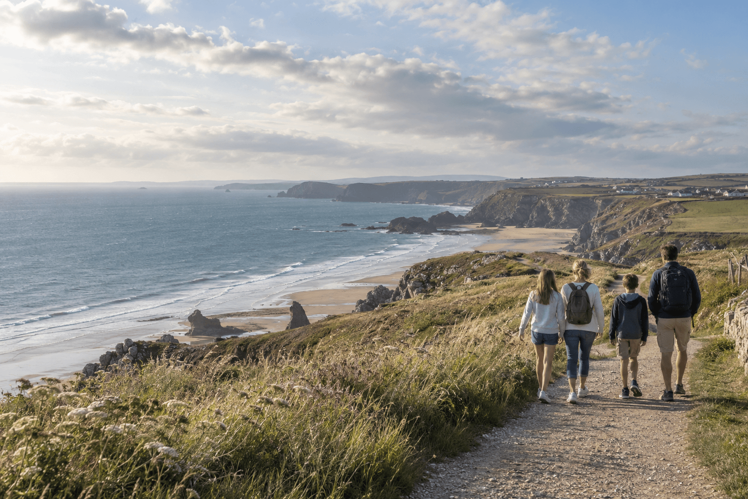 An illustrative family walking along an English coastal path