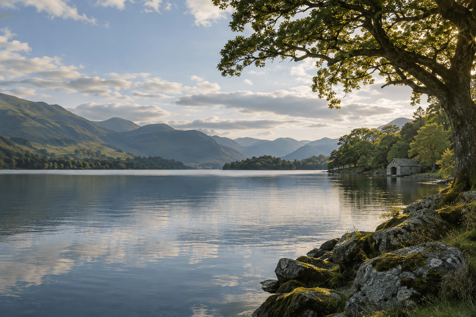 Quiet water and layered hills in an illustrative English landscape