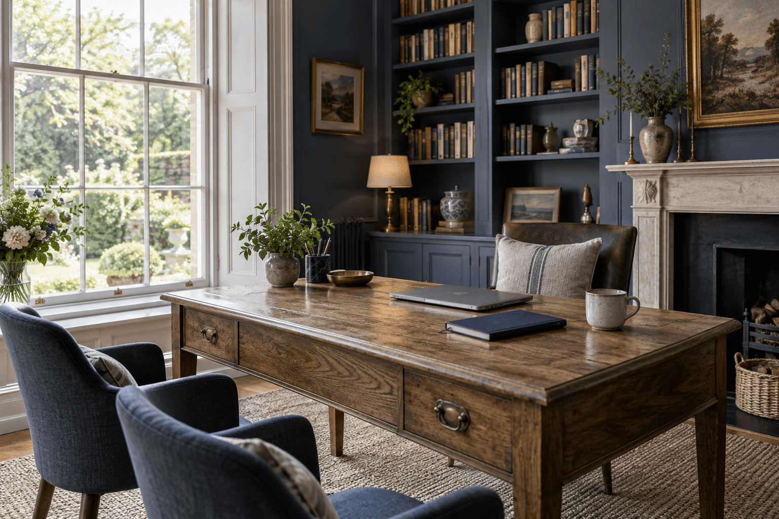 An illustrative study with a desk, two chairs and a garden view
