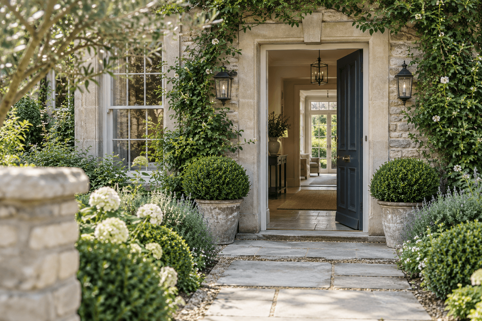 An illustrative welcoming stone doorway opening onto a garden